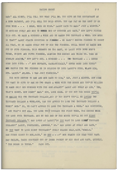 Moe Howard's 12pp. Original Outline, Circa April 1937, for The Three Stooges Film ''Playing the Ponies'', Titled as ''Racing Short'' -- Very Good Plus Condition
